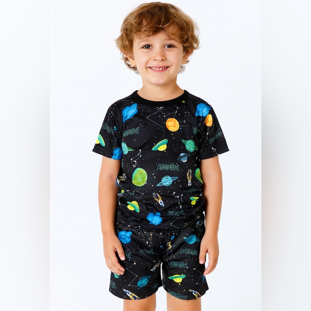 Kids Space Print Pajama‎ Set Black Galaxy Astronaut Rocket Sleepwear 2PC